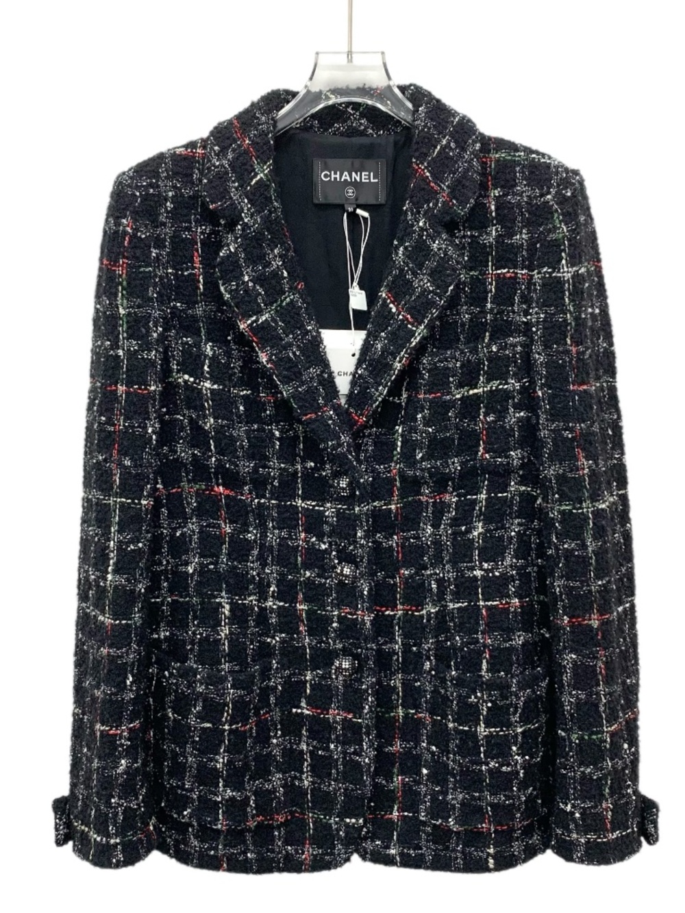 Chanel Black Sheep Wool Checkered Woven Tweed Lapel Single-Breasted Jacket